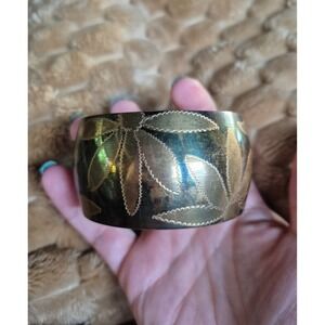 Vintage Brass Bangle Bracelet Wide Etched Leaf Floral Boho Statement Jewelry